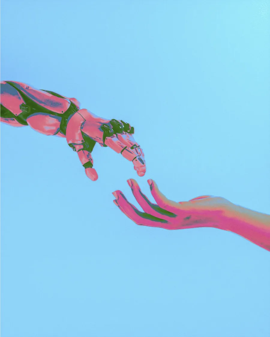 Human and AI hands reaching toward each other