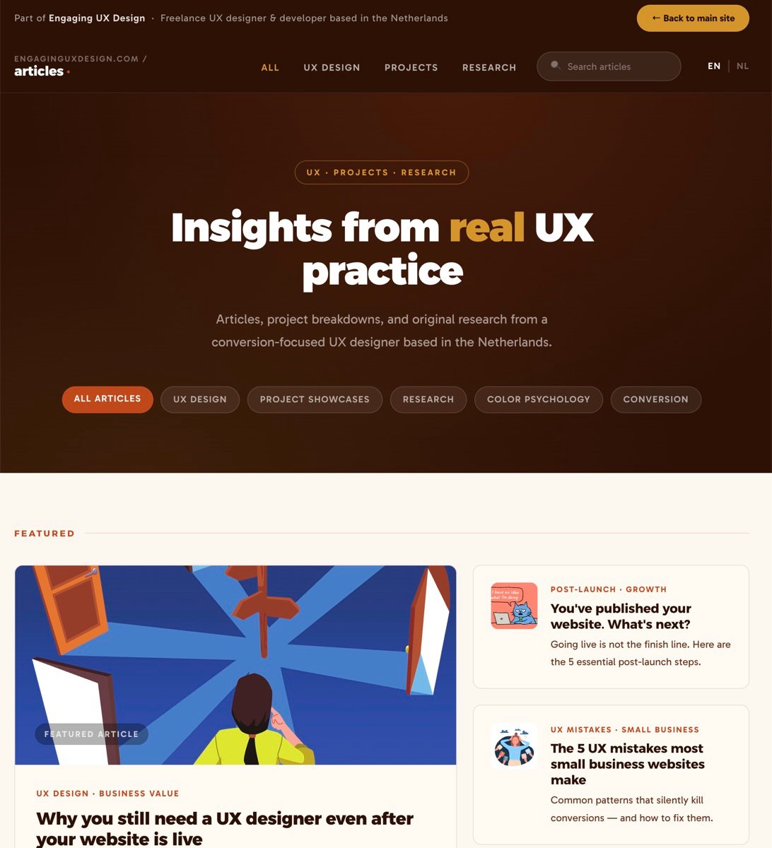 Homepage of the Engaging UX Design blog