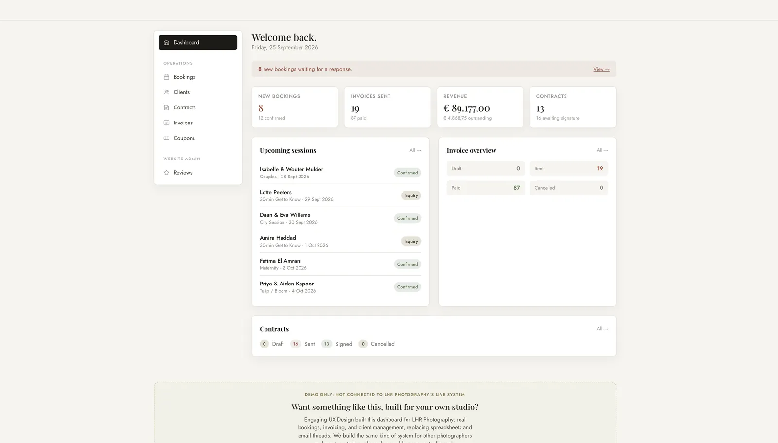 LHR Studio Admin: custom dashboard for bookings, contracts and invoices