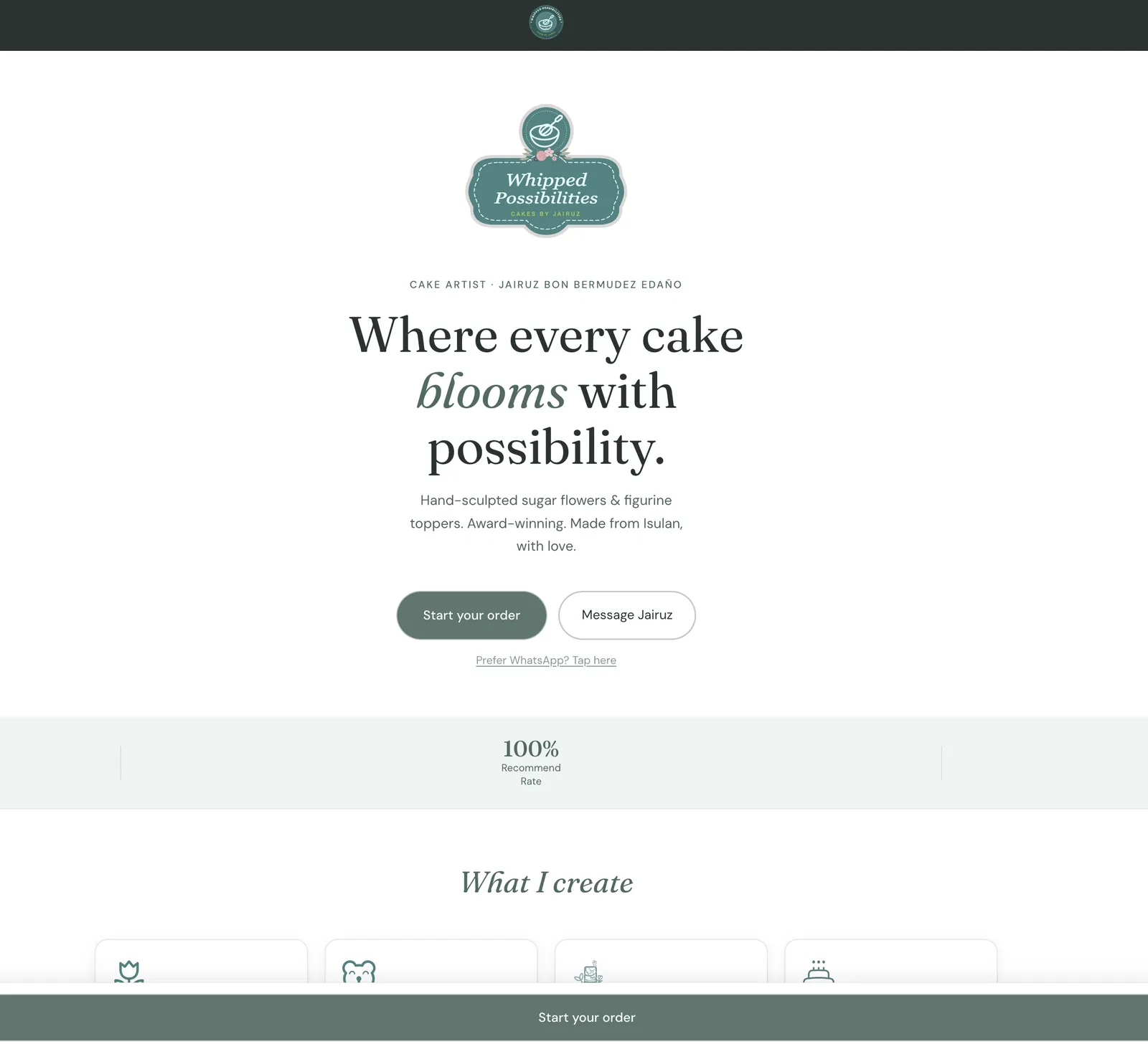 Whipped Possibilities website for a custom cake studio