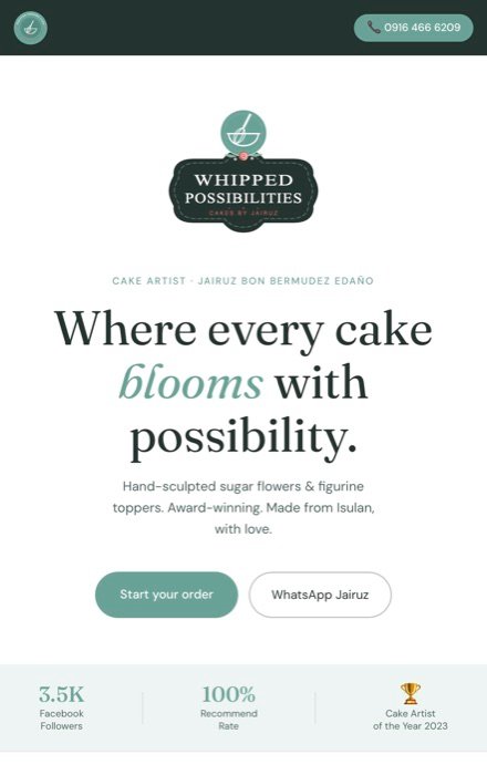 Mobile homepage of Whipped Possibilities