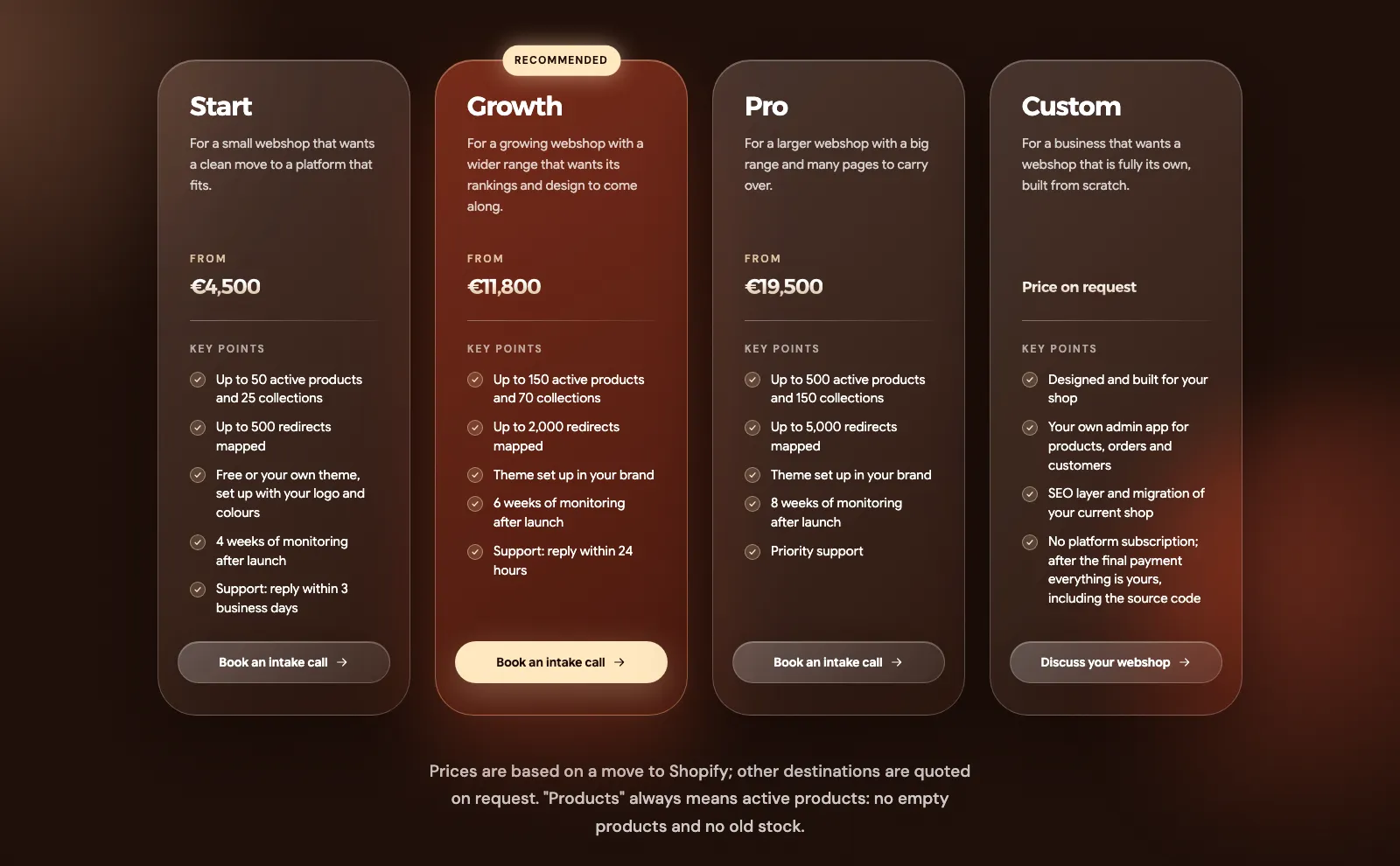 Webshop migration packages: Start, Growth, Pro and Custom