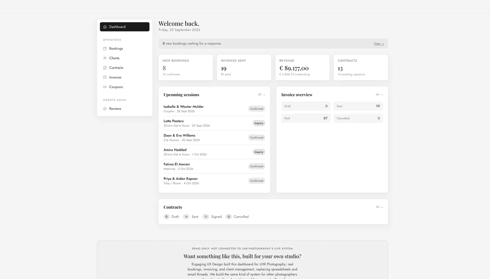 LHR Photography admin dashboard with bookings, invoices and contracts