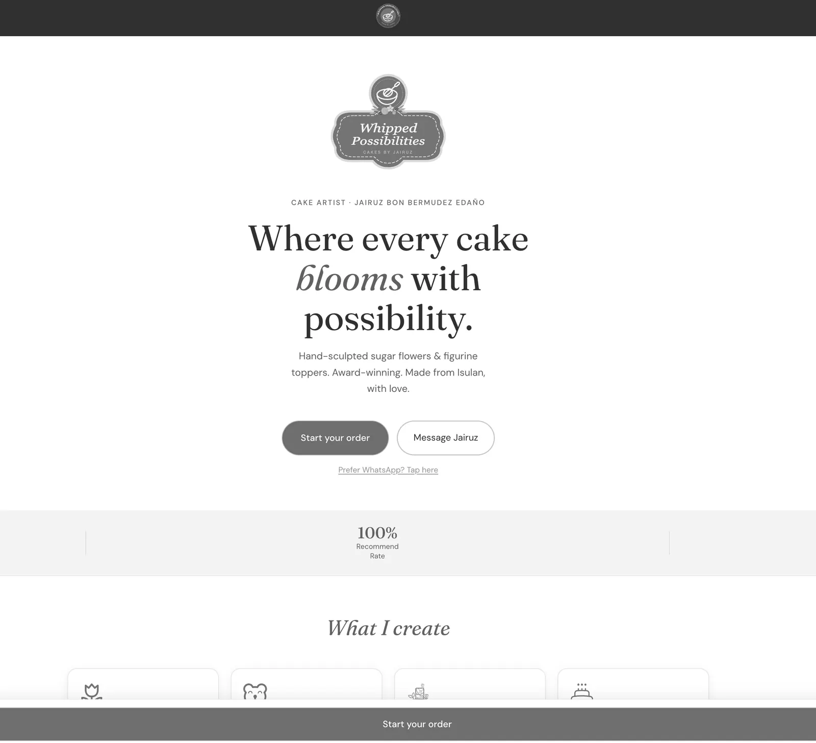 Whipped Possibilities cake artist website, built by Engaging UX Design
